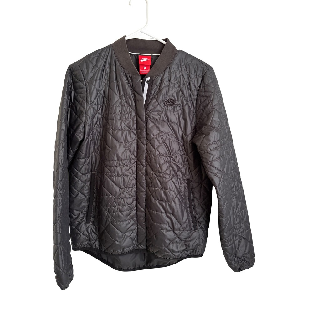 Nike Women Quilted Bomber Jacket Grey Diamond Pattern Snap Front Size Small